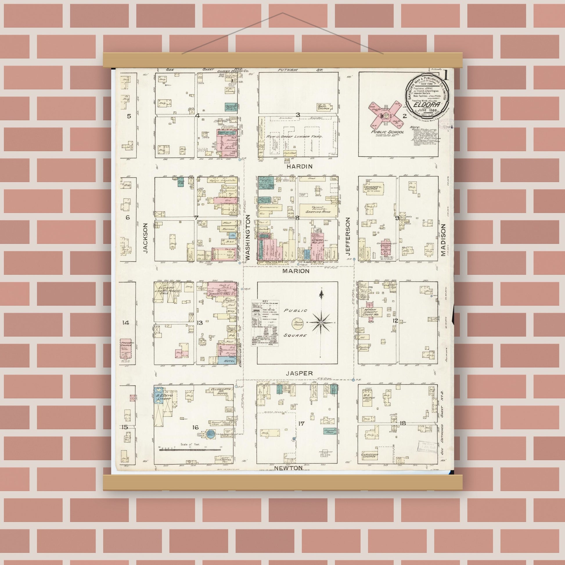 Old map wall art mockup — magnetic wood frame on brick wall — Sanborn Fire Insurance Map from Eldora, Hardin County, Iowa (1886) â€” Complete Set