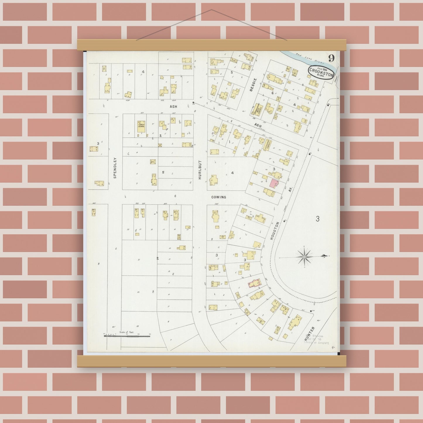 Old map wall art mockup — magnetic wood frame on brick wall — Sanborn Fire Insurance Map from Crookston, Polk County, Minnesota (1896), Sheet #0009