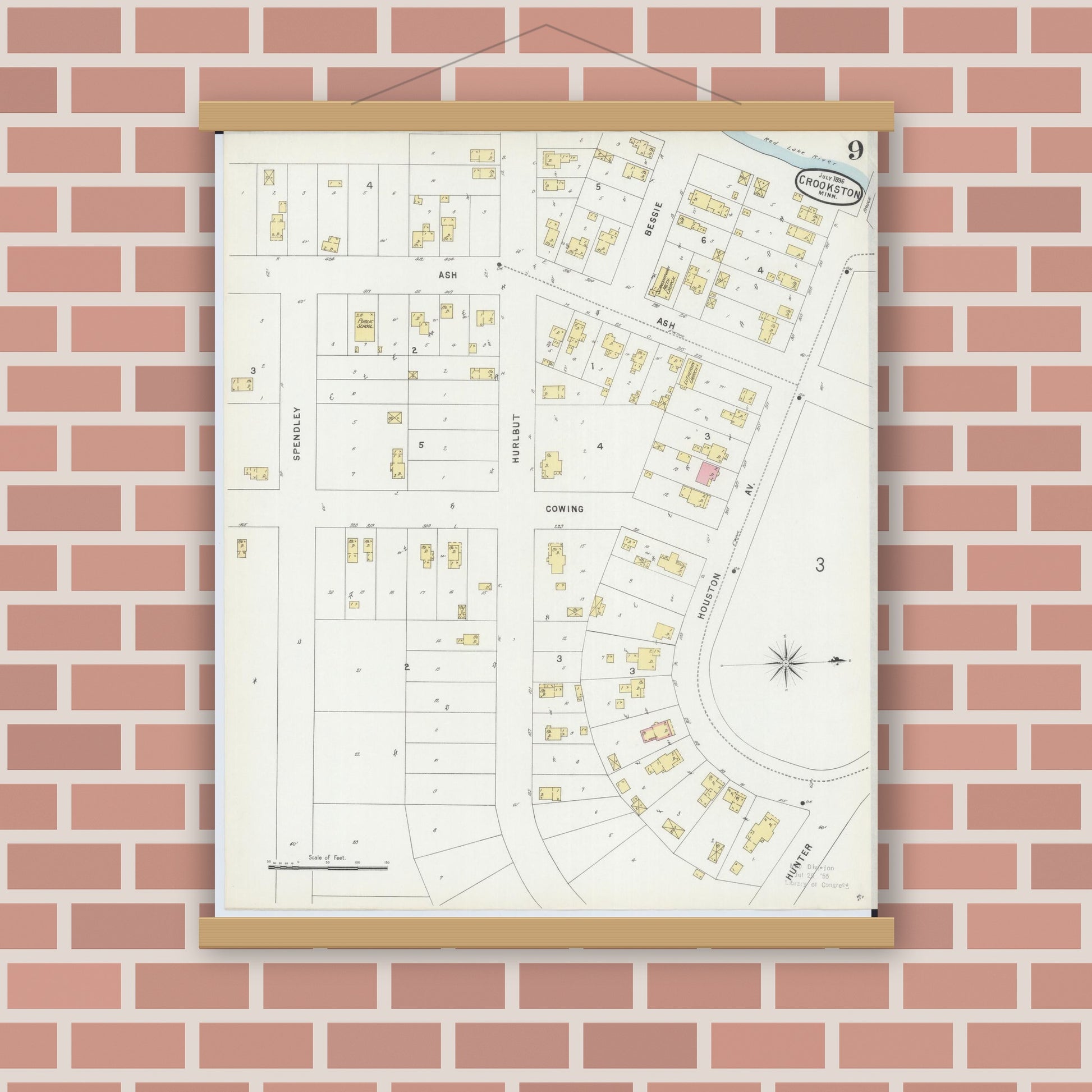 Old map wall art mockup — magnetic wood frame on brick wall — Sanborn Fire Insurance Map from Crookston, Polk County, Minnesota (1896), Sheet #0009