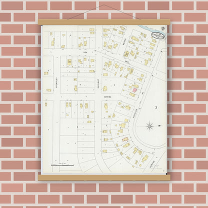 Old map wall art mockup — magnetic wood frame on brick wall — Sanborn Fire Insurance Map from Crookston, Polk County, Minnesota (1896), Sheet #0009