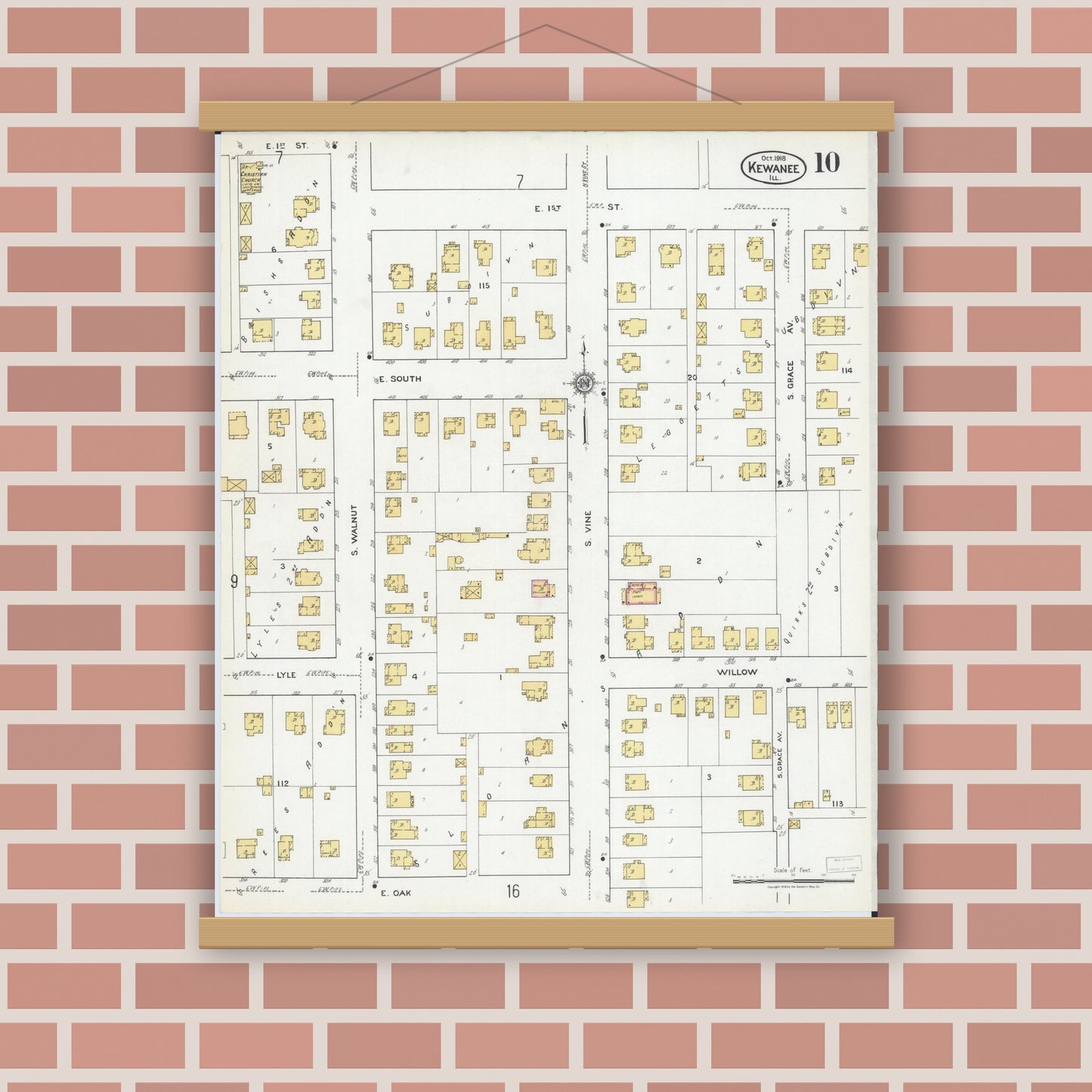 Old map wall art mockup — magnetic wood frame on brick wall — Sanborn Fire Insurance Map from Kewanee, Henry County, Illinois (1918), Sheet #0010