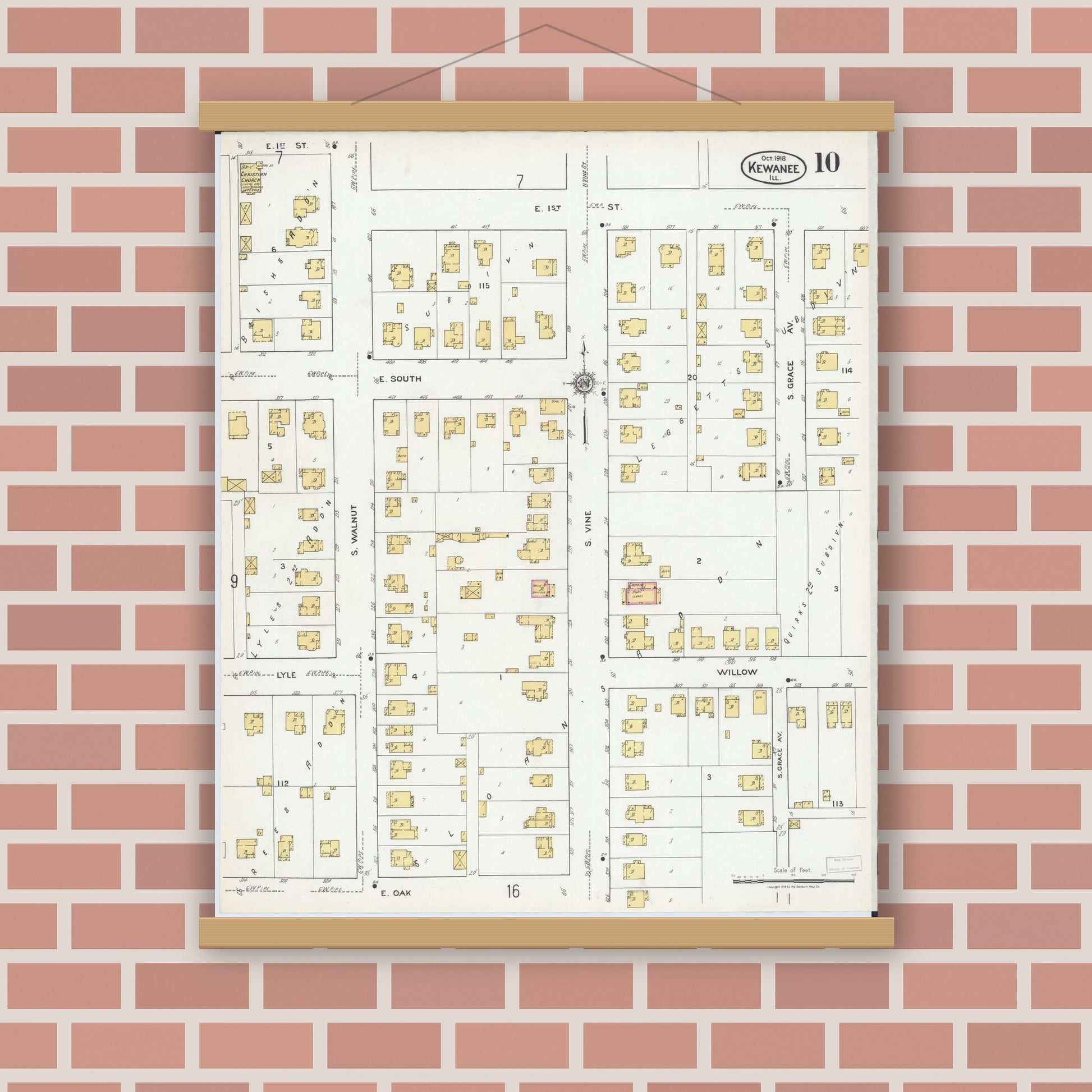 Old map wall art mockup — magnetic wood frame on brick wall — Sanborn Fire Insurance Map from Kewanee, Henry County, Illinois (1918), Sheet #0010