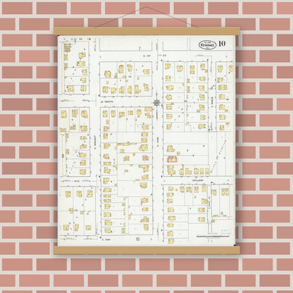 Old map wall art mockup — magnetic wood frame on brick wall — Sanborn Fire Insurance Map from Kewanee, Henry County, Illinois (1918), Sheet #0010