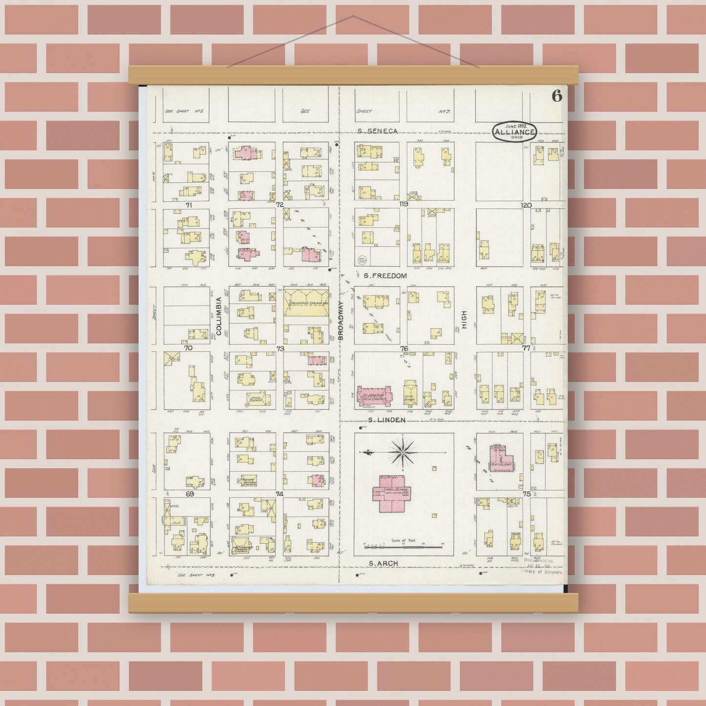 Old map wall art mockup — magnetic wood frame on brick wall — Sanborn Fire Insurance Map from Alliance, Stark County, Ohio (1892), Sheet #0006