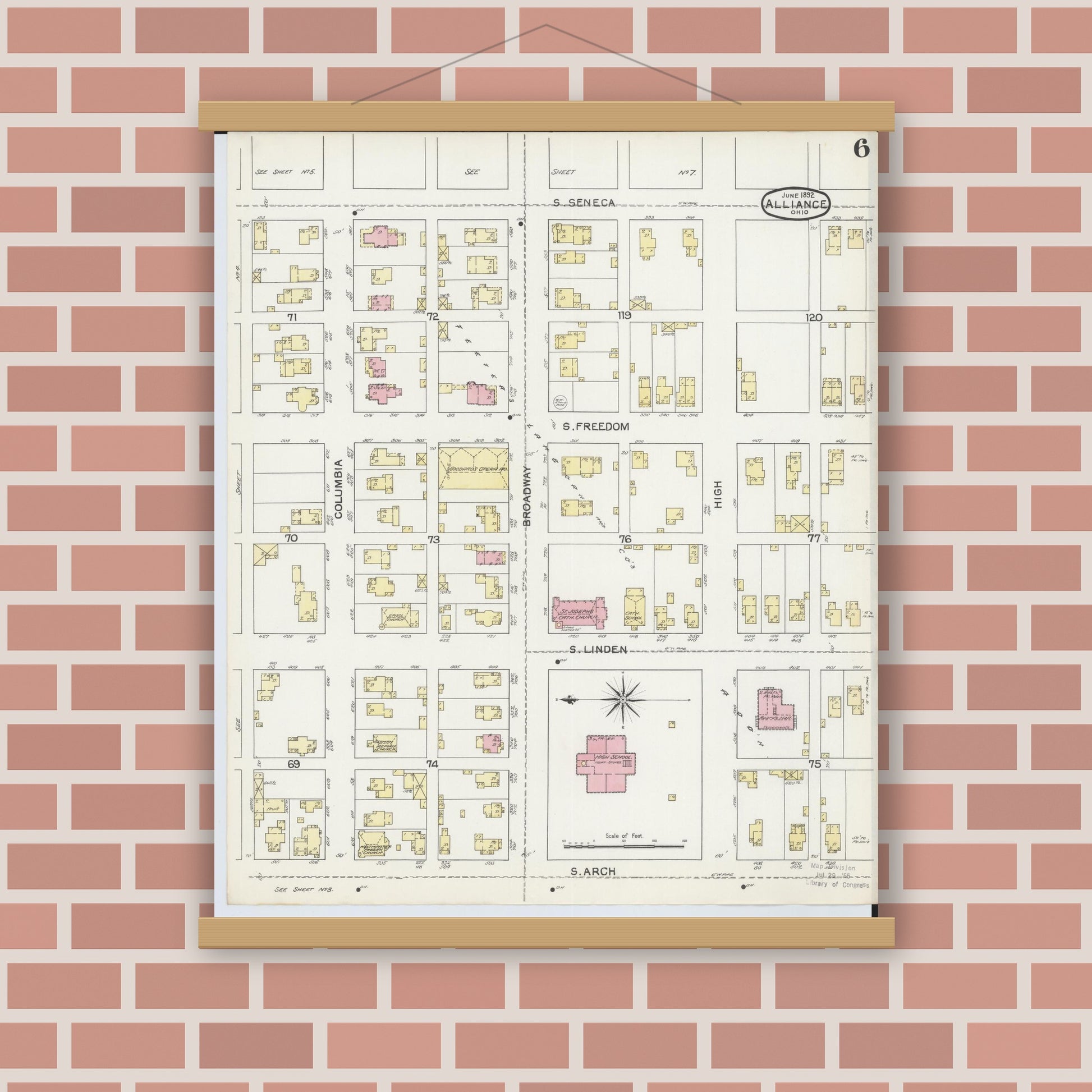Old map wall art mockup — magnetic wood frame on brick wall — Sanborn Fire Insurance Map from Alliance, Stark County, Ohio (1892), Sheet #0006