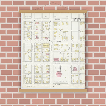 Old map wall art mockup — magnetic wood frame on brick wall — Sanborn Fire Insurance Map from Alliance, Stark County, Ohio (1892), Sheet #0006