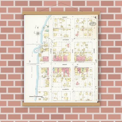 Old map wall art mockup — magnetic wood frame on brick wall — Sanborn Fire Insurance Map from Waverly, Bremer County, Iowa (1897), Sheet #0004