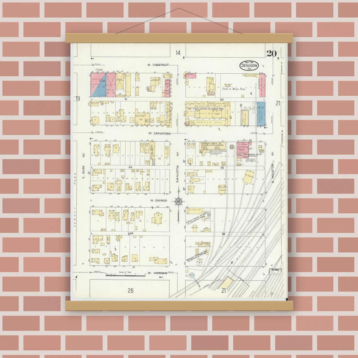 Old map wall art mockup — magnetic wood frame on brick wall — Sanborn Fire Insurance Map from Denison, Grayson County, Texas (1914), Sheet #0020