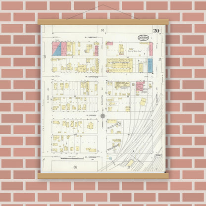 Old map wall art mockup — magnetic wood frame on brick wall — Sanborn Fire Insurance Map from Denison, Grayson County, Texas (1914), Sheet #0020
