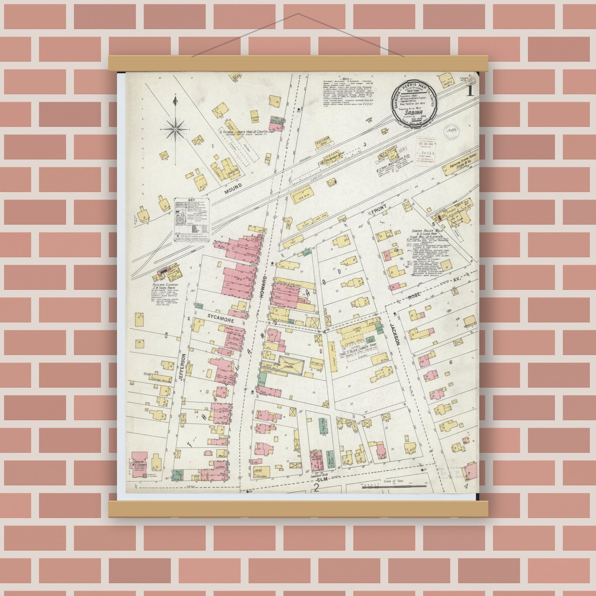 Old map wall art mockup — magnetic wood frame on brick wall — Sanborn Fire Insurance Map from Sabina, Clinton County, Ohio (1899) - Complete Map Set