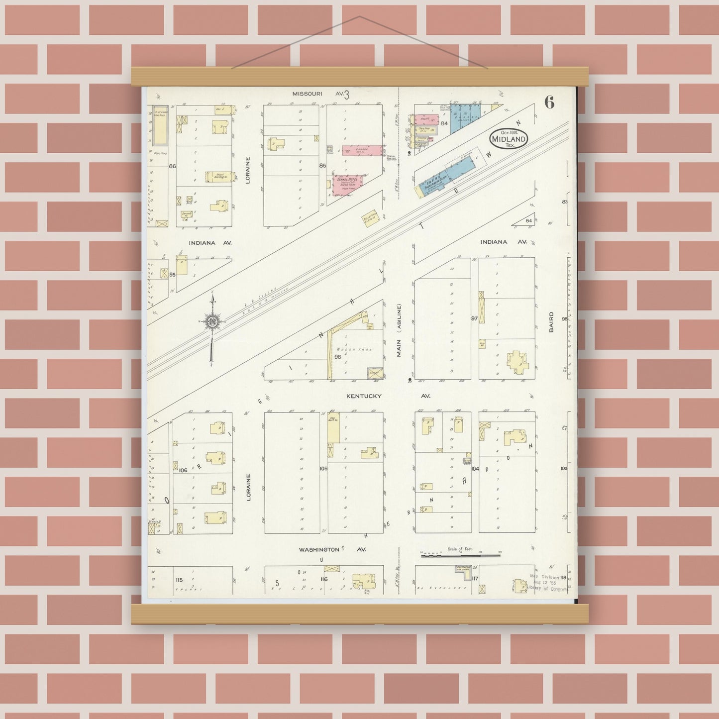 Old map wall art mockup — magnetic wood frame on brick wall — Sanborn Fire Insurance Map from Midland, Midland County, Texas (1914), Sheet #0006