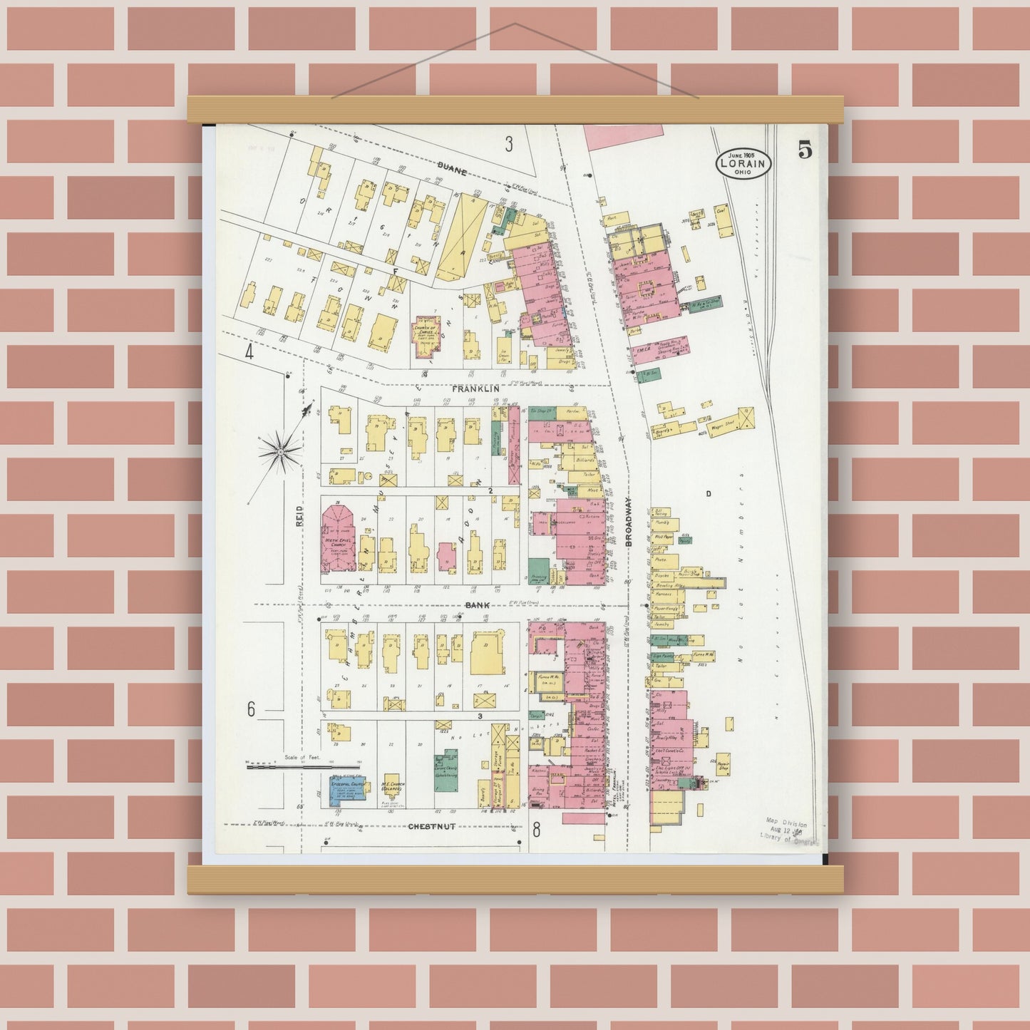 Old map wall art mockup — magnetic wood frame on brick wall — Sanborn Fire Insurance Map from Lorain, Lorain County, Ohio (1905), Sheet #0005