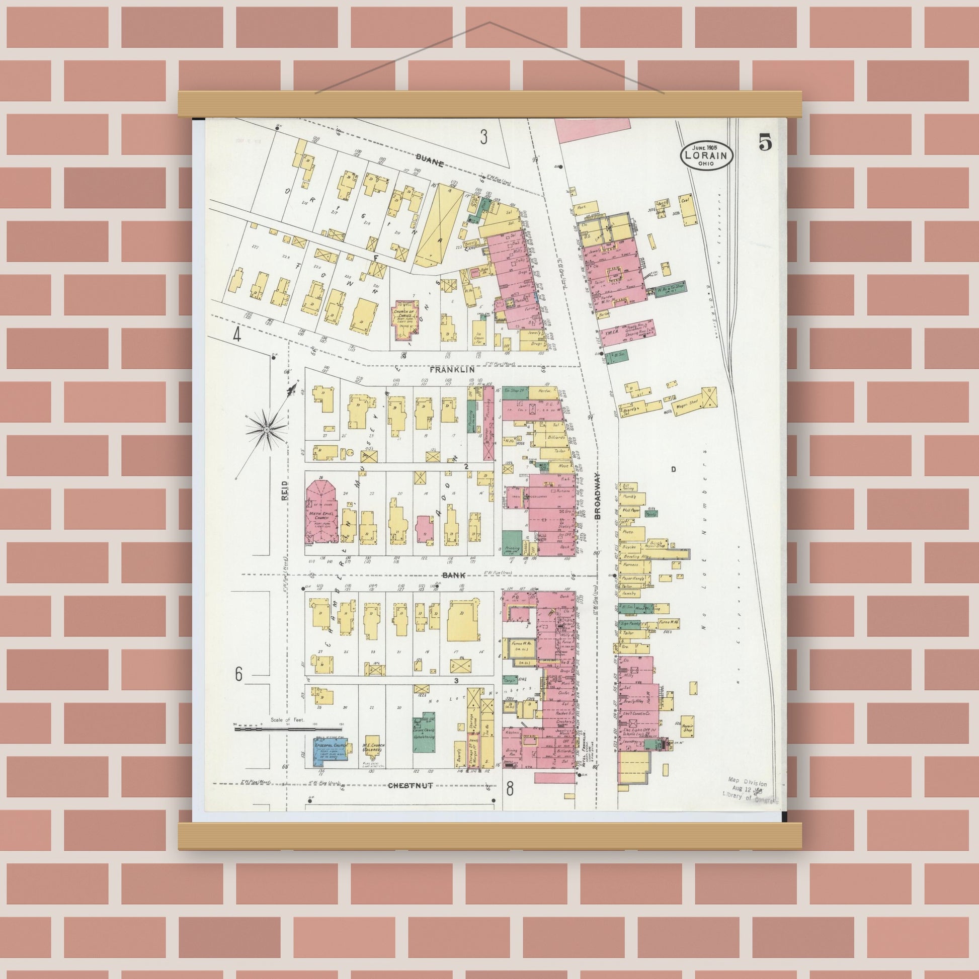 Old map wall art mockup — magnetic wood frame on brick wall — Sanborn Fire Insurance Map from Lorain, Lorain County, Ohio (1905), Sheet #0005