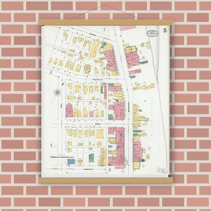 Old map wall art mockup — magnetic wood frame on brick wall — Sanborn Fire Insurance Map from Lorain, Lorain County, Ohio (1905), Sheet #0005