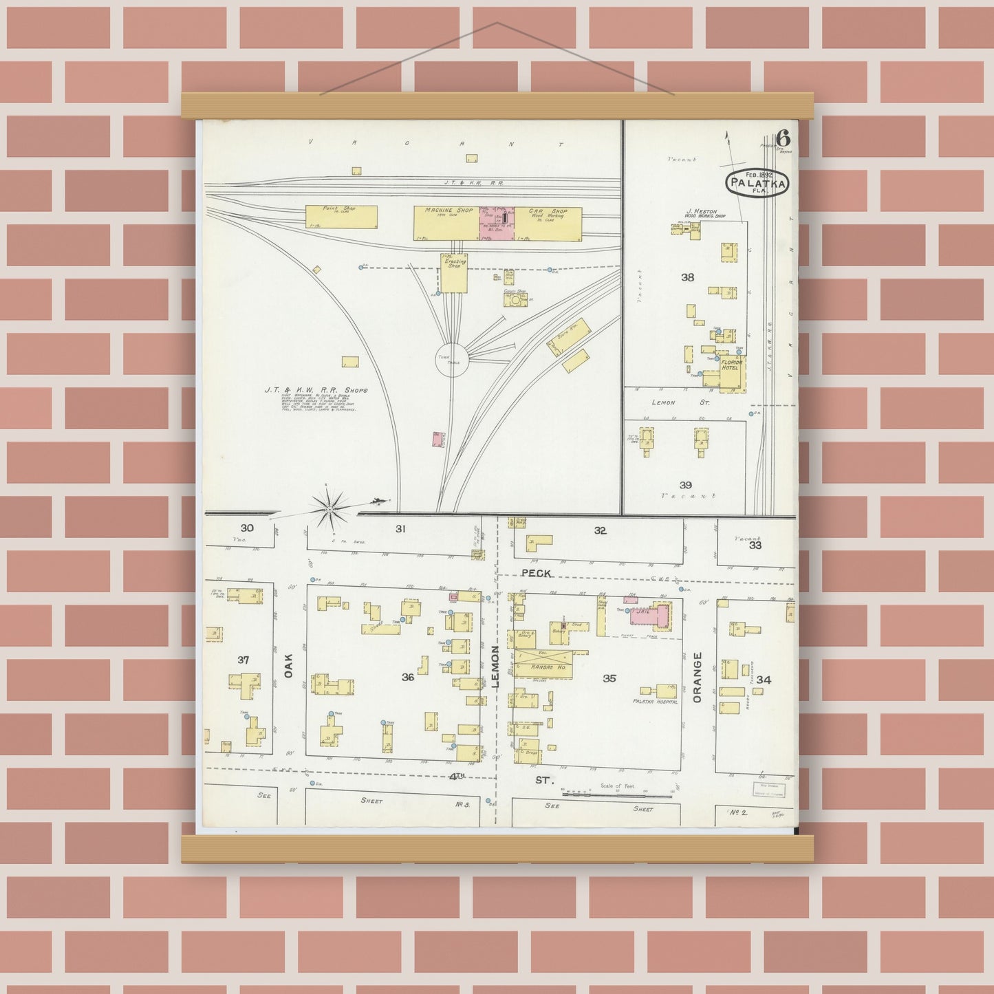 Old map wall art mockup — magnetic wood frame on brick wall — Sanborn Fire Insurance Map from Palatka, Putnam County, Florida (1892), Sheet #0006
