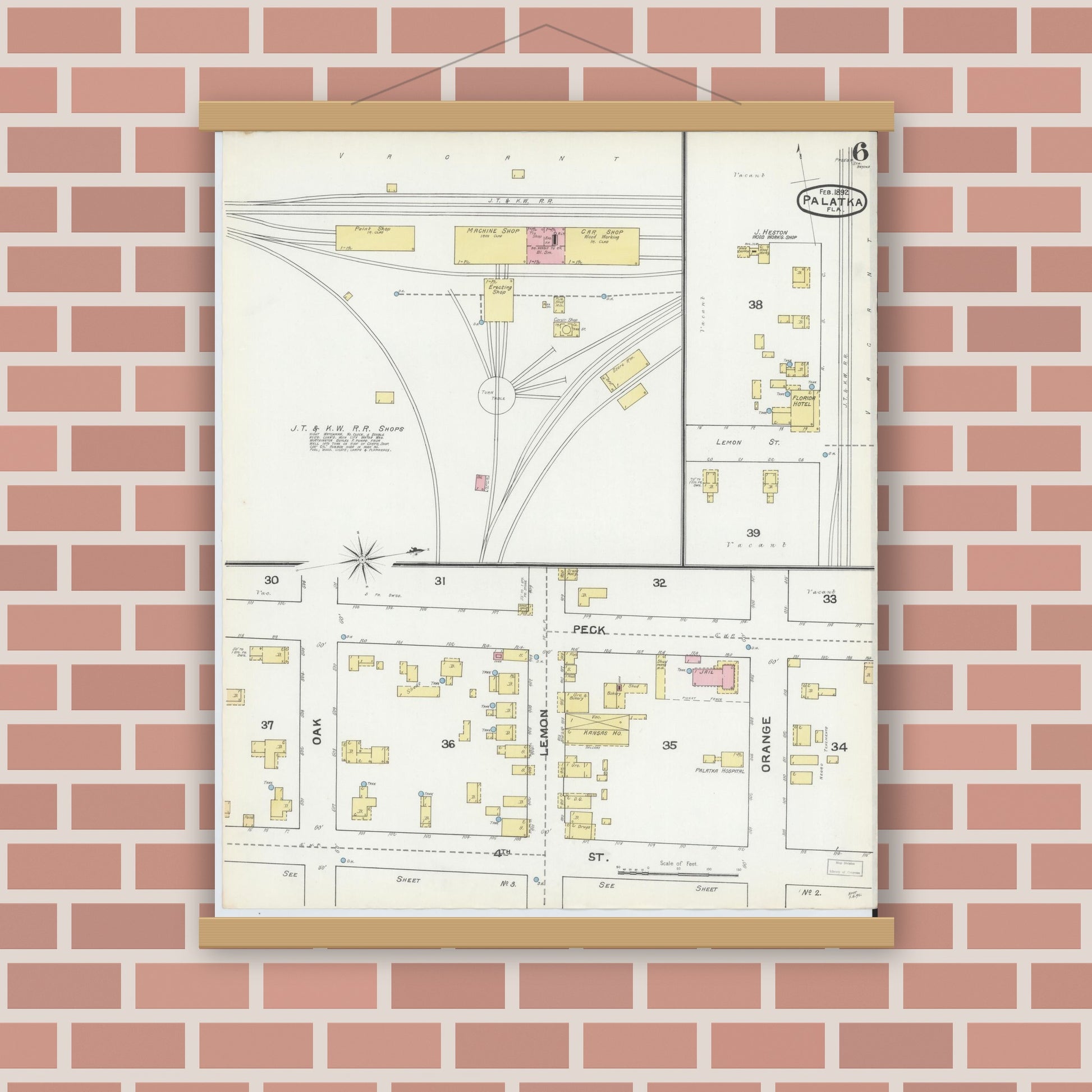 Old map wall art mockup — magnetic wood frame on brick wall — Sanborn Fire Insurance Map from Palatka, Putnam County, Florida (1892), Sheet #0006