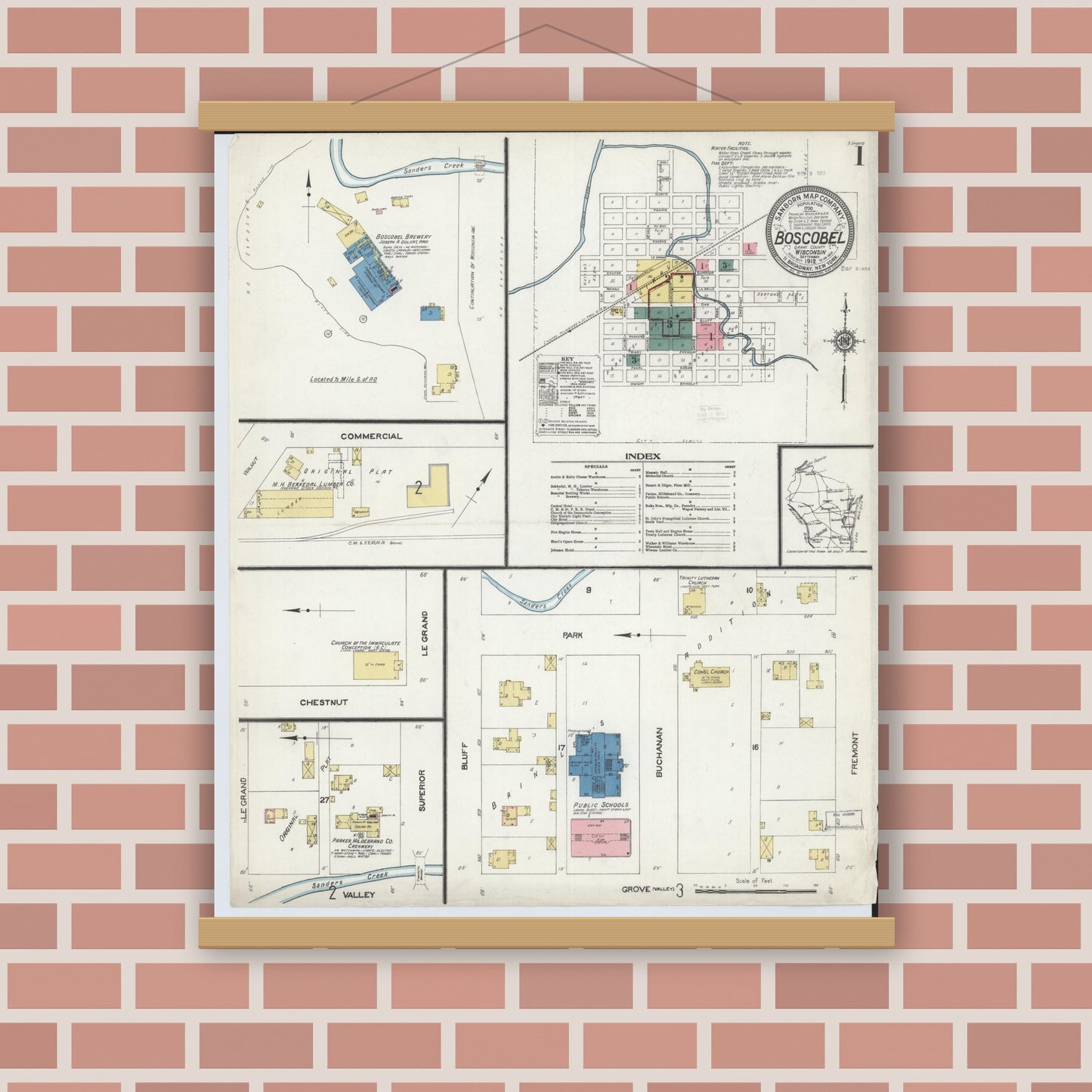 Old map wall art mockup — magnetic wood frame on brick wall — Sanborn Fire Insurance Map from Boscobel, Grant County, Wisconsin (1912), Sheet #0001