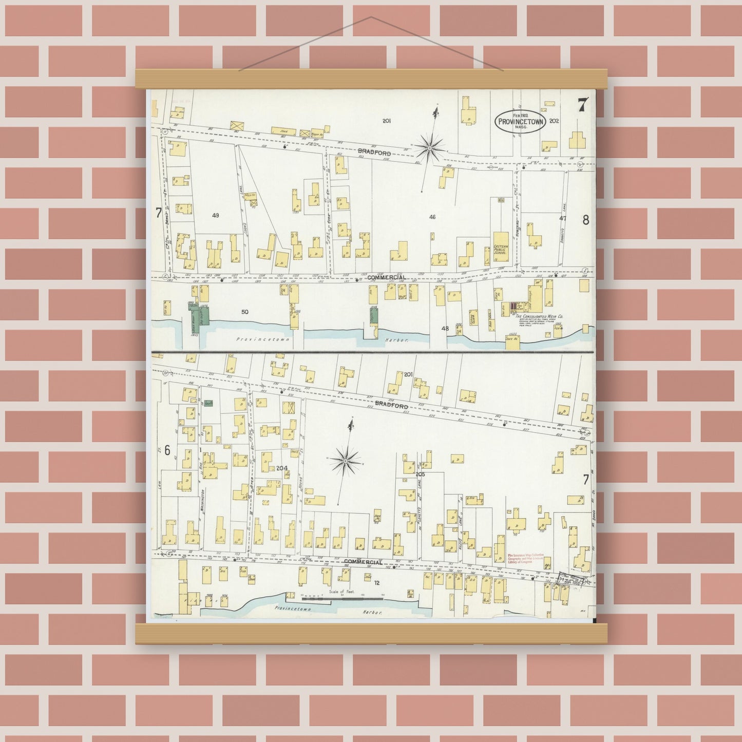 Old map wall art mockup — magnetic wood frame on brick wall — Sanborn Fire Insurance Map from Provincetown, Barnstable County, Massachusetts (1902), Sheet #0007