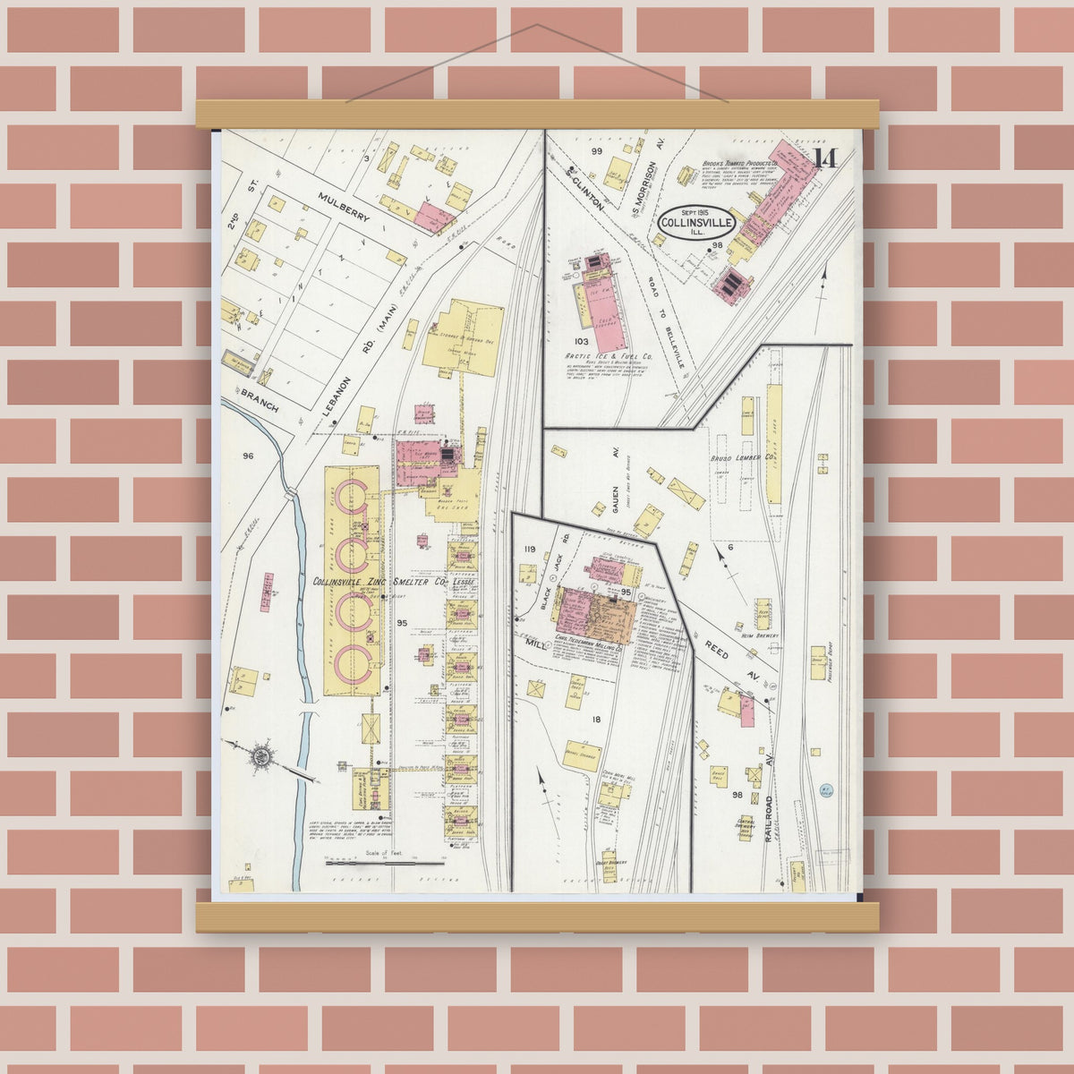 Old map wall art mockup — magnetic wood frame on brick wall — Sanborn Fire Insurance Map from Collinsville, Madison County, Illinois (1915), Sheet #0014