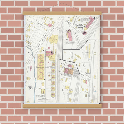 Old map wall art mockup — magnetic wood frame on brick wall — Sanborn Fire Insurance Map from Collinsville, Madison County, Illinois (1915), Sheet #0014