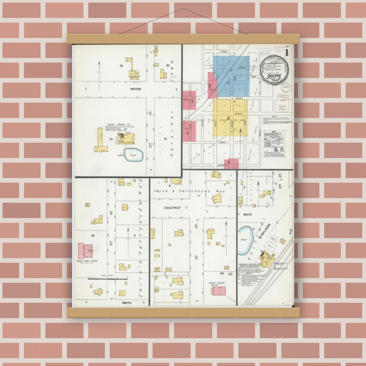 Old map wall art mockup — magnetic wood frame on brick wall — Sanborn Fire Insurance Map from Odessa, Lafayette County, Missouri (1900), Sheet #0001