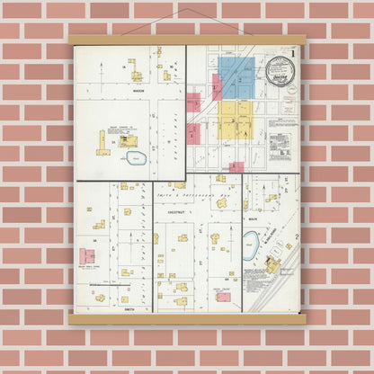 Old map wall art mockup — magnetic wood frame on brick wall — Sanborn Fire Insurance Map from Odessa, Lafayette County, Missouri (1900), Sheet #0001