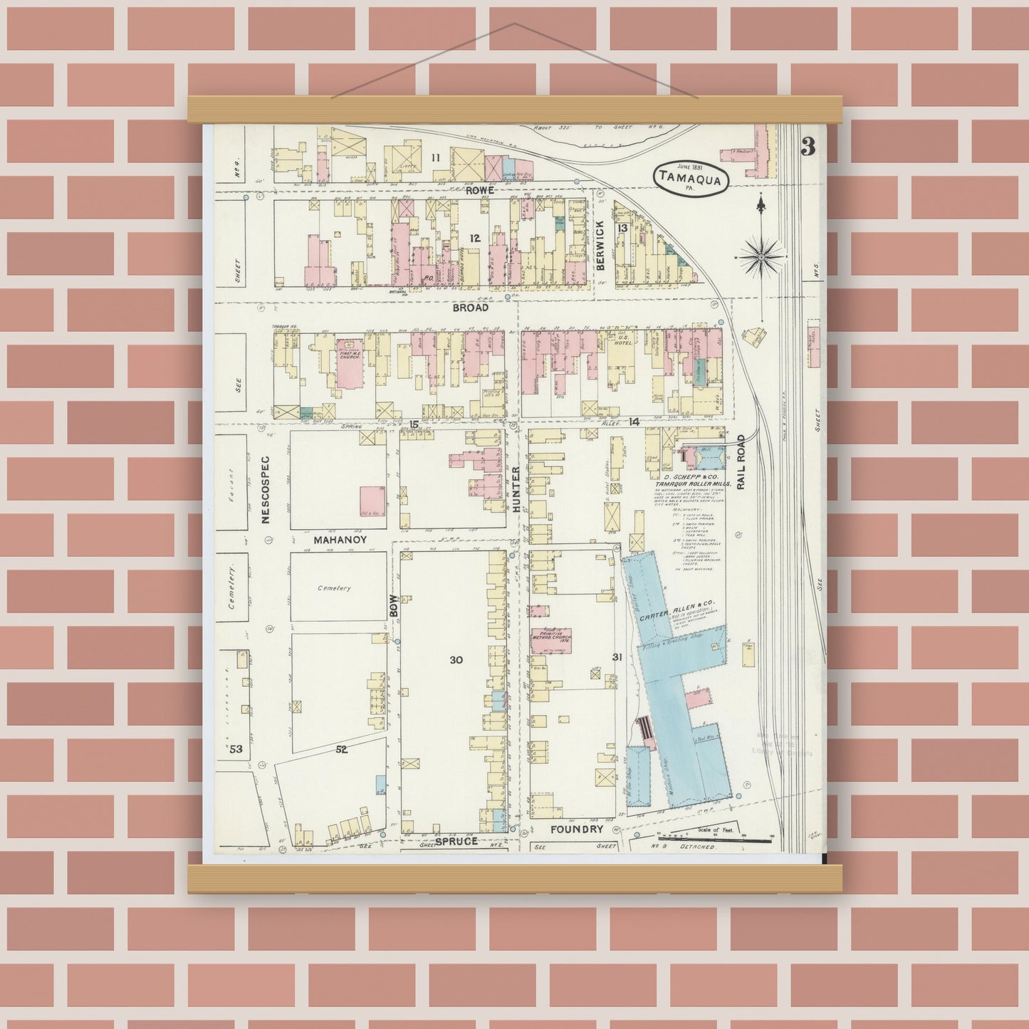 Old map wall art mockup — magnetic wood frame on brick wall — Sanborn Fire Insurance Map from Tamaqua, Schuylkill County, Pennsylvania (1891), Sheet #0003