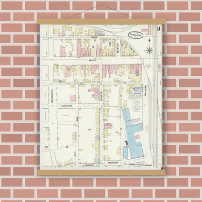 Old map wall art mockup — magnetic wood frame on brick wall — Sanborn Fire Insurance Map from Tamaqua, Schuylkill County, Pennsylvania (1891), Sheet #0003