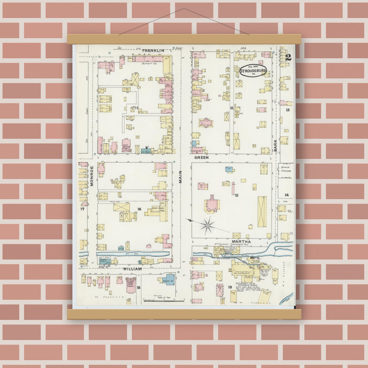 Old map wall art mockup — magnetic wood frame on brick wall — Sanborn Fire Insurance Map from Stroudsburg, Monroe County, Pennsylvania (1892), Sheet #0002