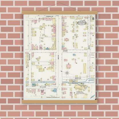 Old map wall art mockup — magnetic wood frame on brick wall — Sanborn Fire Insurance Map from Stroudsburg, Monroe County, Pennsylvania (1892), Sheet #0002