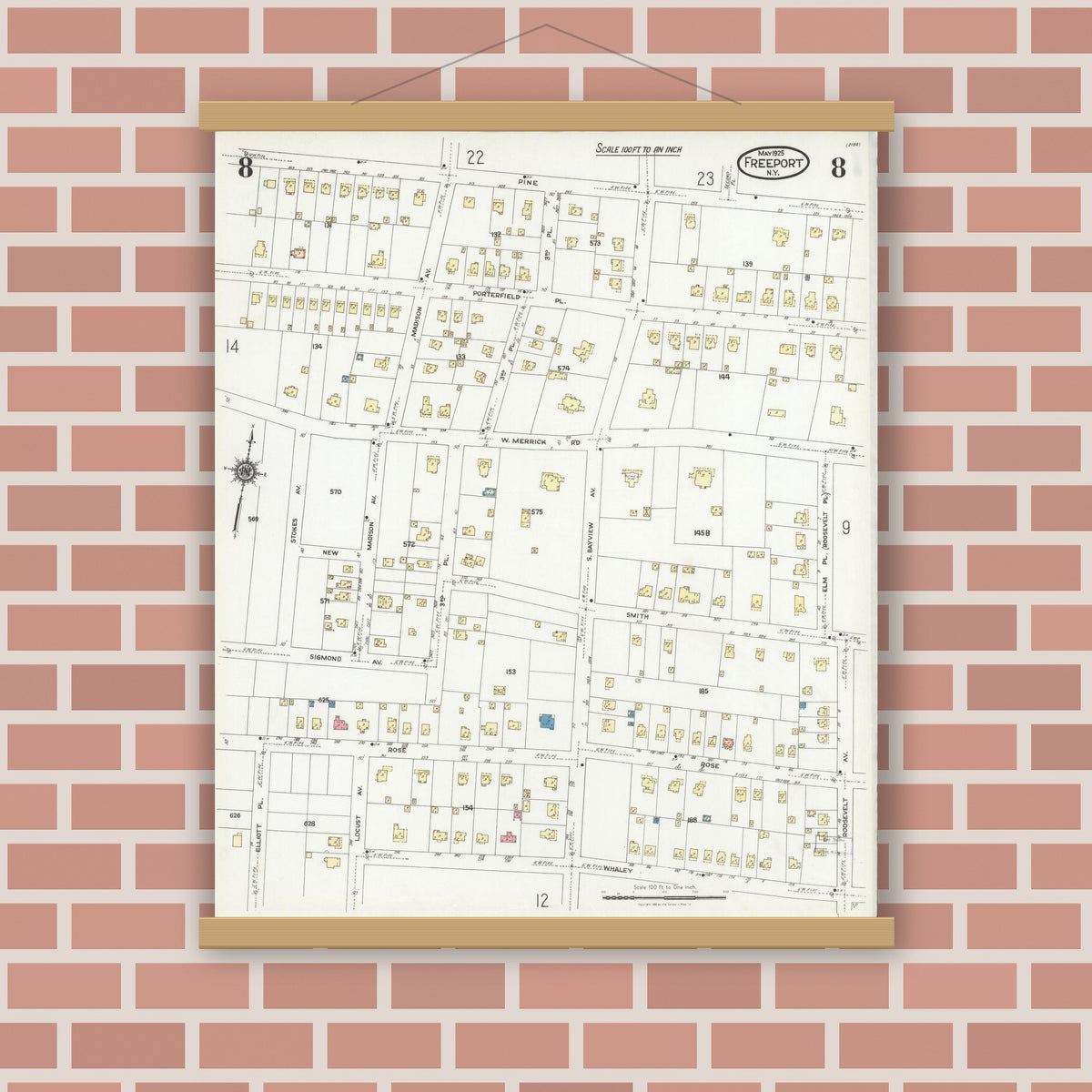 Old map wall art mockup — magnetic wood frame on brick wall — Sanborn Fire Insurance Map from Freeport, Nassau County, New York (1925), Sheet #0008