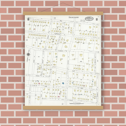 Old map wall art mockup — magnetic wood frame on brick wall — Sanborn Fire Insurance Map from Freeport, Nassau County, New York (1925), Sheet #0008