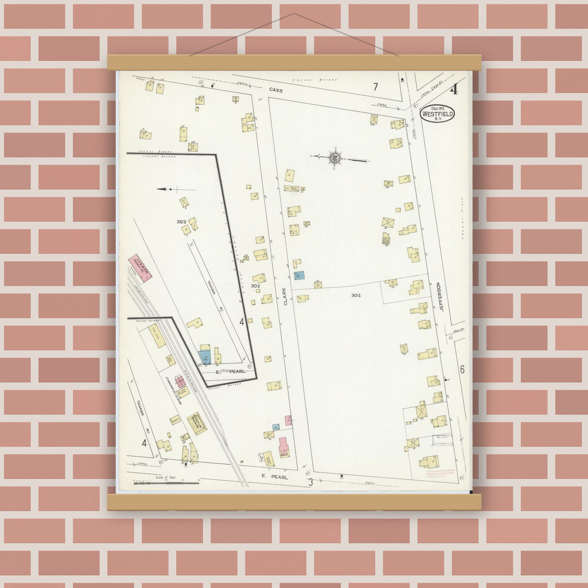 Old map wall art mockup — magnetic wood frame on brick wall — Sanborn Fire Insurance Map from Westfield, Chautauqua County, New York (1912), Sheet #0004