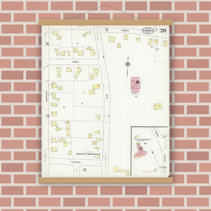 Old map wall art mockup — magnetic wood frame on brick wall — Sanborn Fire Insurance Map from Gardner, Worcester County, Massachusetts (1909), Sheet #0020