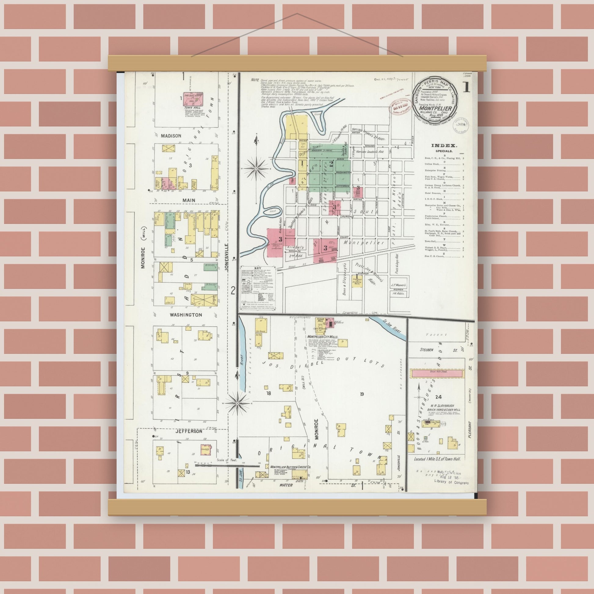 Old map wall art mockup — magnetic wood frame on brick wall — Sanborn Fire Insurance Map from Montpelier, Williams County, Ohio (1899) - Complete Map Set