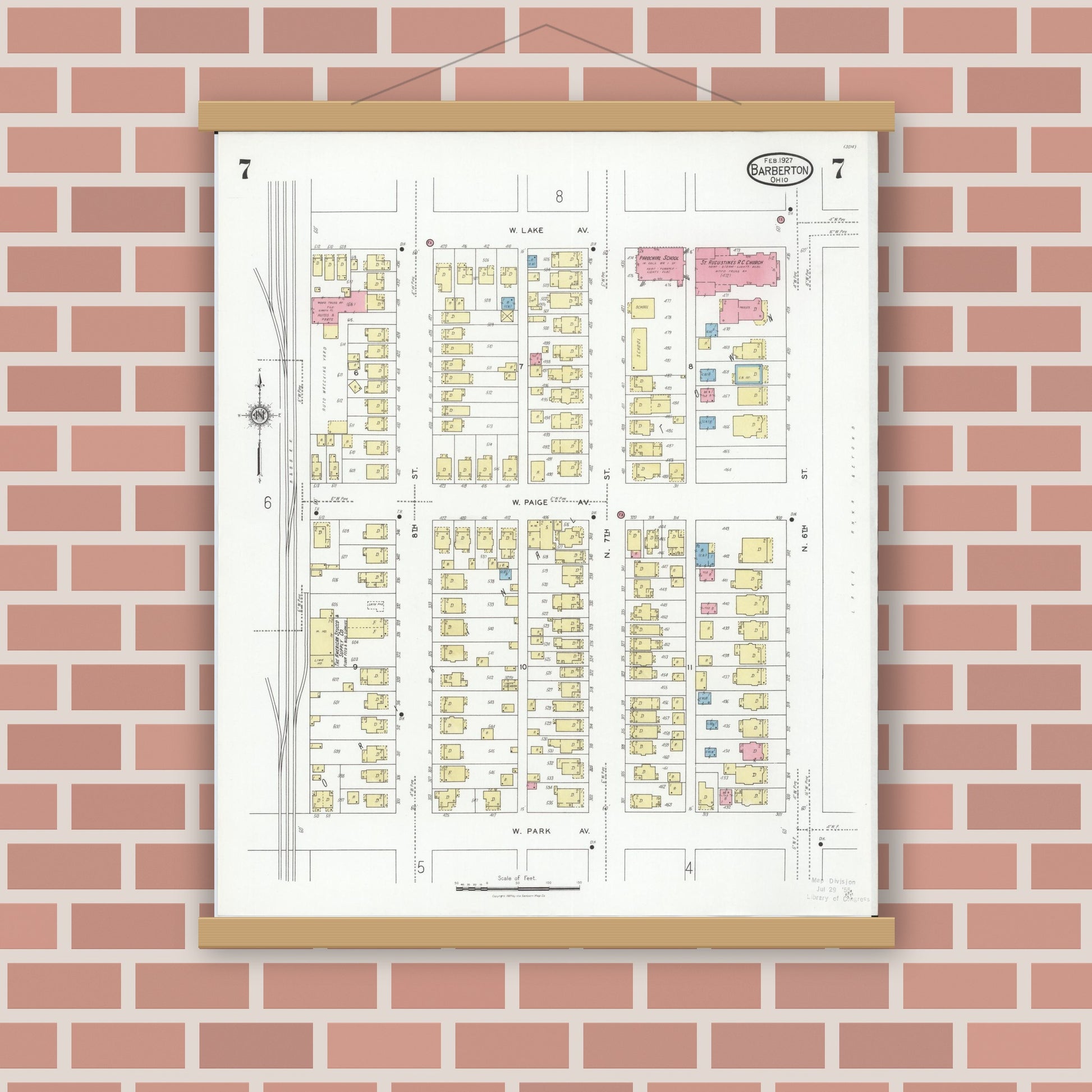 Old map wall art mockup — magnetic wood frame on brick wall — Sanborn Fire Insurance Map from Barberton, Summit County, Ohio (1927), Sheet #0007