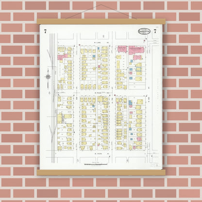 Old map wall art mockup — magnetic wood frame on brick wall — Sanborn Fire Insurance Map from Barberton, Summit County, Ohio (1927), Sheet #0007