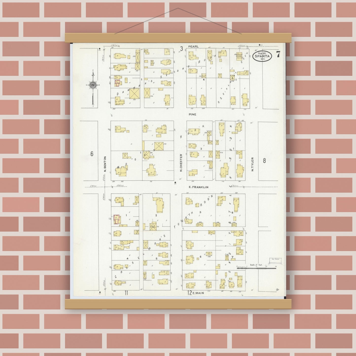 Old map wall art mockup — magnetic wood frame on brick wall — Sanborn Fire Insurance Map from Sparta, Monroe County, Wisconsin (1911), Sheet #0007