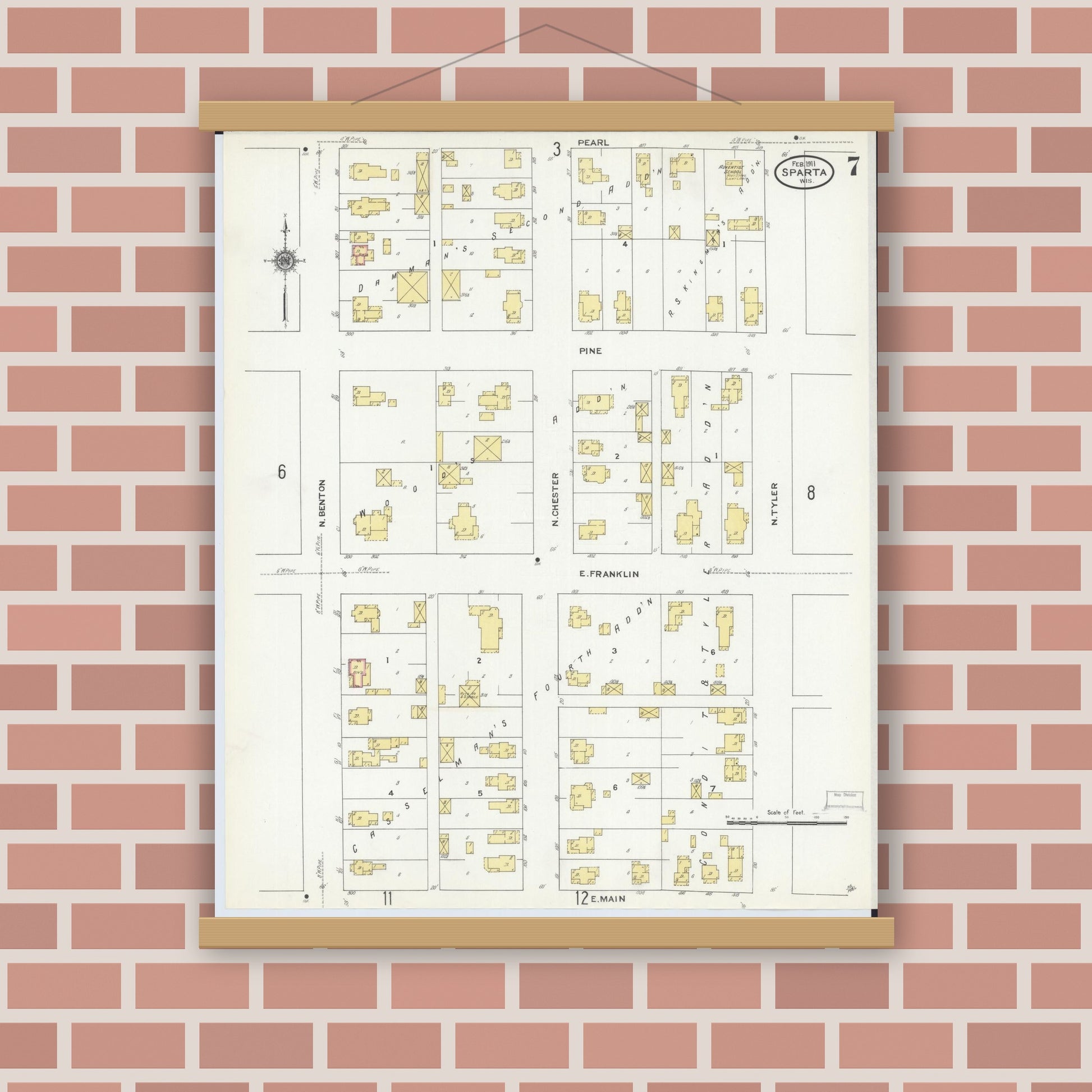 Old map wall art mockup — magnetic wood frame on brick wall — Sanborn Fire Insurance Map from Sparta, Monroe County, Wisconsin (1911), Sheet #0007