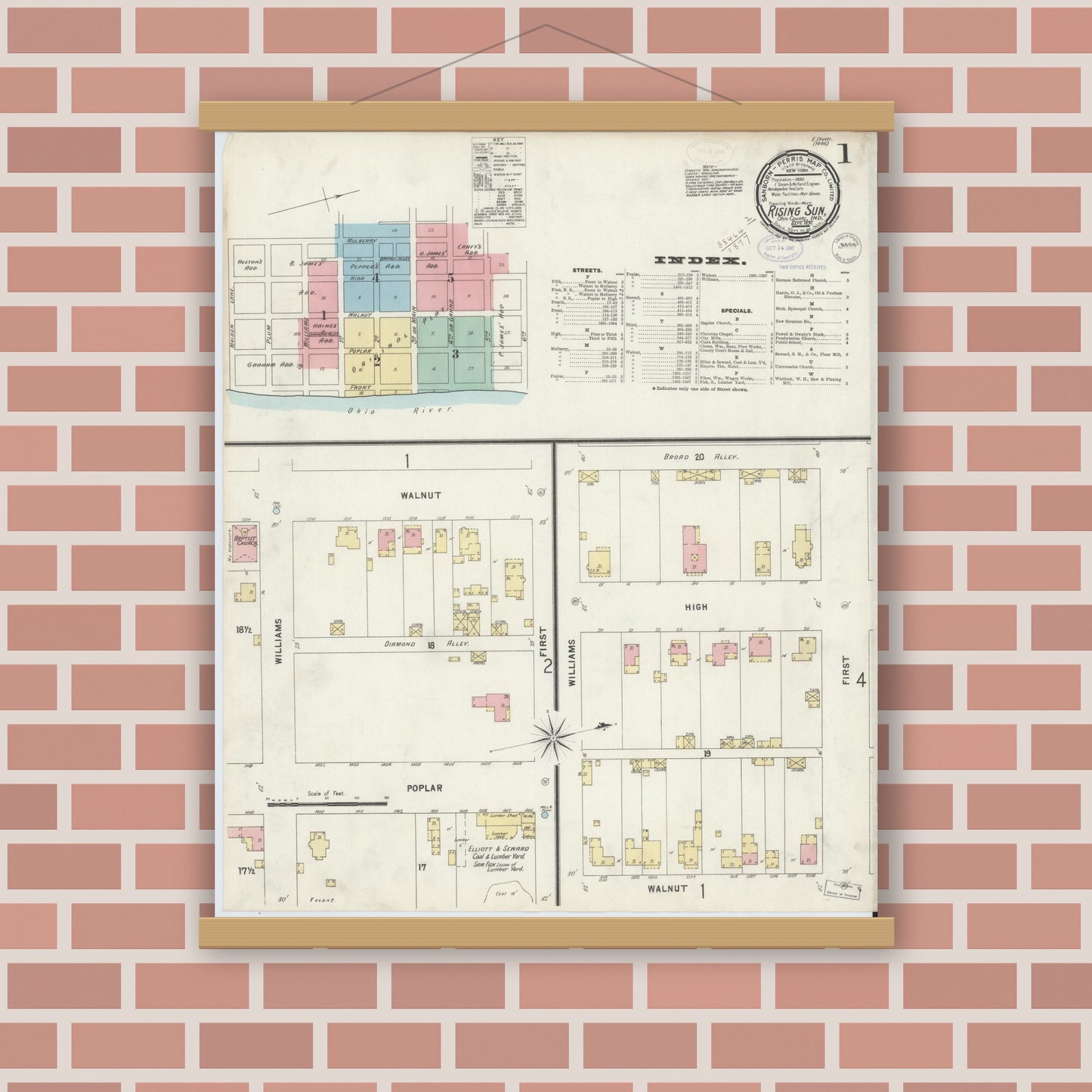 Old map wall art mockup — magnetic wood frame on brick wall — Sanborn Fire Insurance Map from Rising Sun, Ohio County, Indiana (1897) - Complete Map Set
