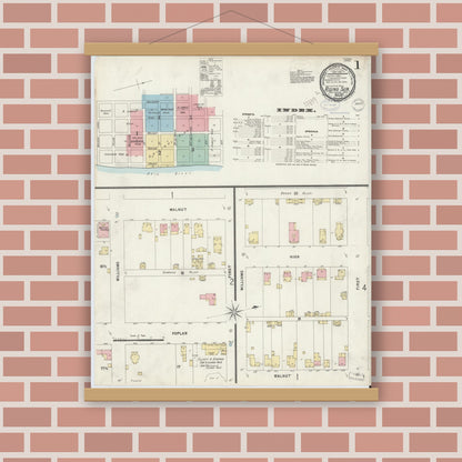 Old map wall art mockup — magnetic wood frame on brick wall — Sanborn Fire Insurance Map from Rising Sun, Ohio County, Indiana (1897) - Complete Map Set