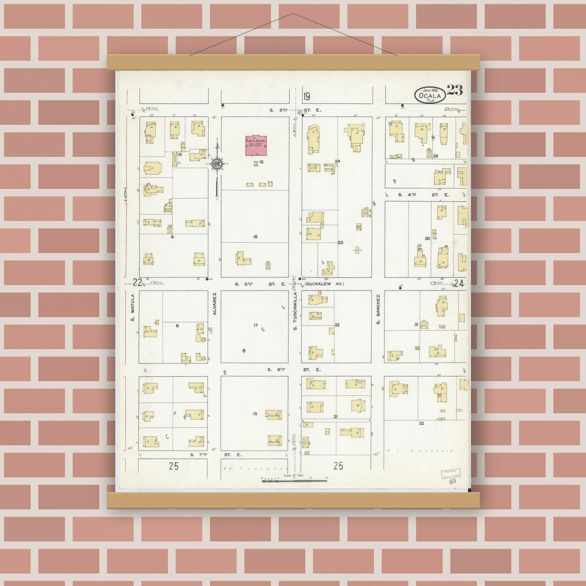 Old map wall art mockup — magnetic wood frame on brick wall — Sanborn Fire Insurance Map from Ocala, Marion County, Florida (1912), Sheet #0023
