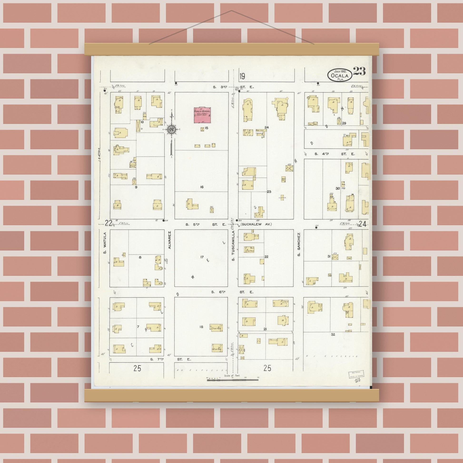 Old map wall art mockup — magnetic wood frame on brick wall — Sanborn Fire Insurance Map from Ocala, Marion County, Florida (1912), Sheet #0023