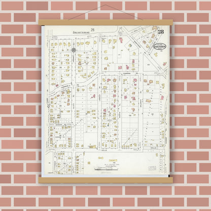 Old map wall art mockup — magnetic wood frame on brick wall — Sanborn Fire Insurance Map from Ann Arbor, Washtenaw County, Michigan (1916), Sheet #0028