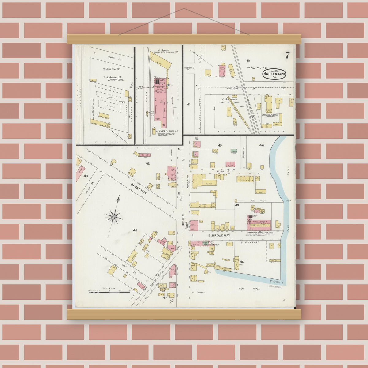 Old map wall art mockup — magnetic wood frame on brick wall — Sanborn Fire Insurance Map from Hackensack, Bergen County, New Jersey (1896), Sheet #0007