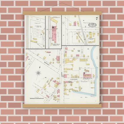 Old map wall art mockup — magnetic wood frame on brick wall — Sanborn Fire Insurance Map from Hackensack, Bergen County, New Jersey (1896), Sheet #0007