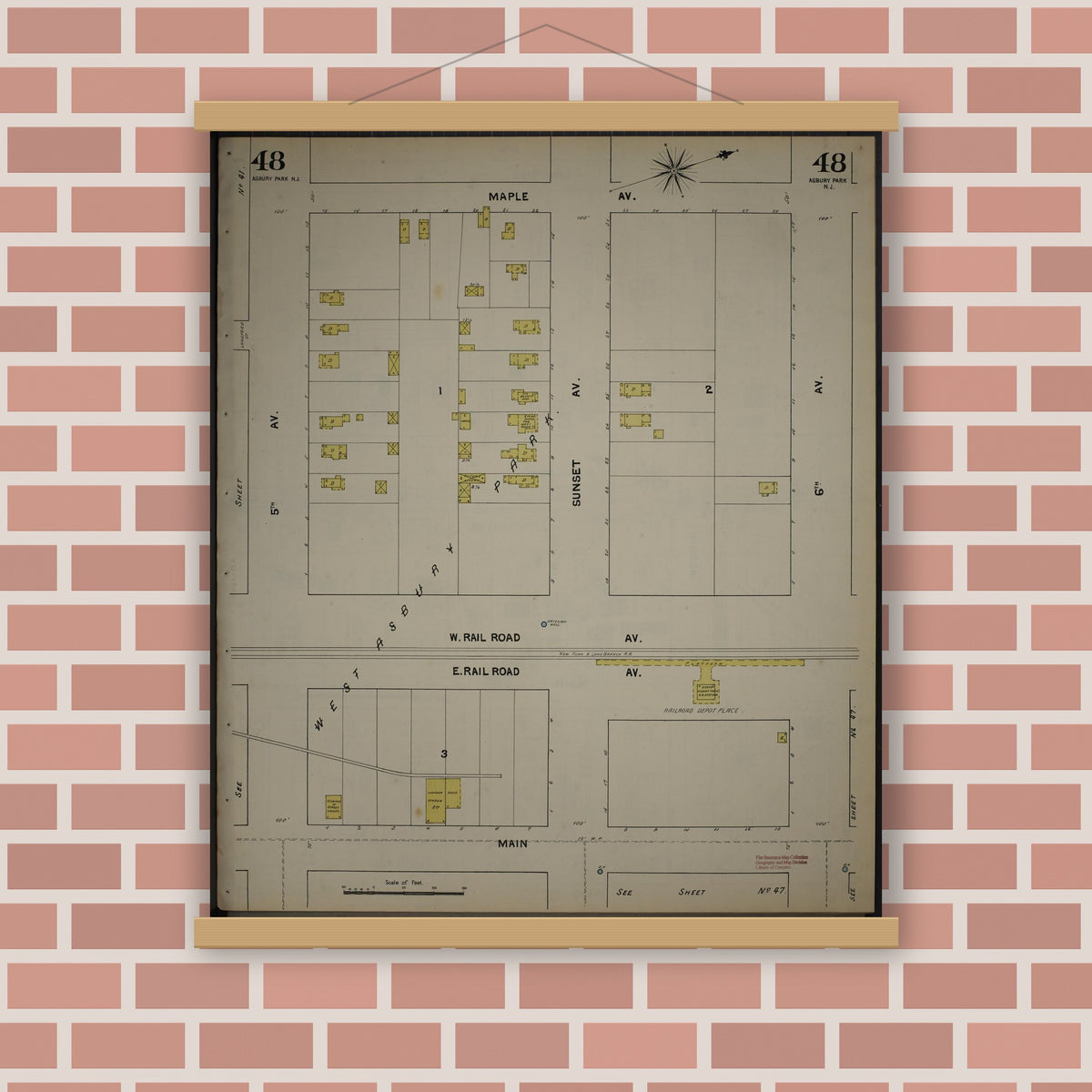 Old map wall art mockup — magnetic wood frame on brick wall — Sanborn Fire Insurance Map from New Jersey Coast, New Jersey Coast, New Jersey (1890), Sheet #0048
