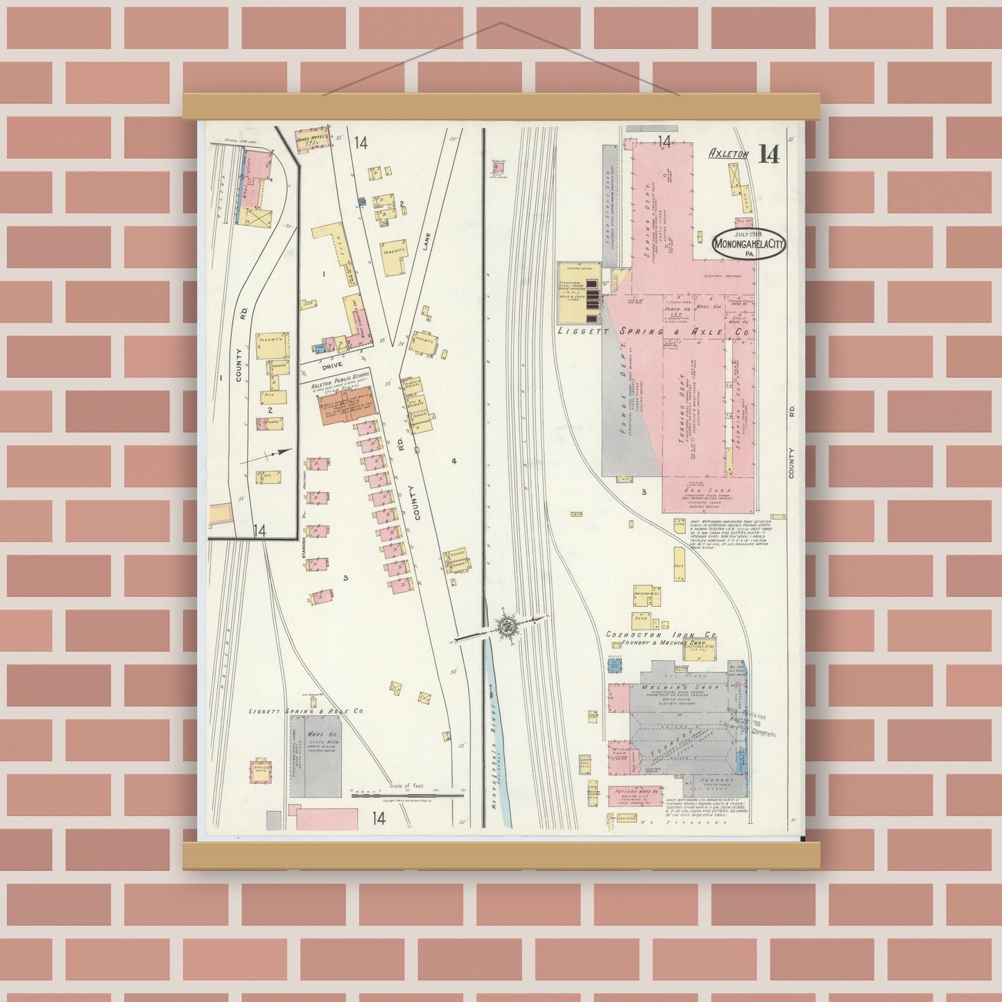 Old map wall art mockup — magnetic wood frame on brick wall — Sanborn Fire Insurance Map from Monongahela City, Washington County, Pennsylvania (1918), Sheet #0014