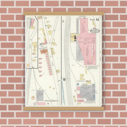 Old map wall art mockup — magnetic wood frame on brick wall — Sanborn Fire Insurance Map from Monongahela City, Washington County, Pennsylvania (1918), Sheet #0014
