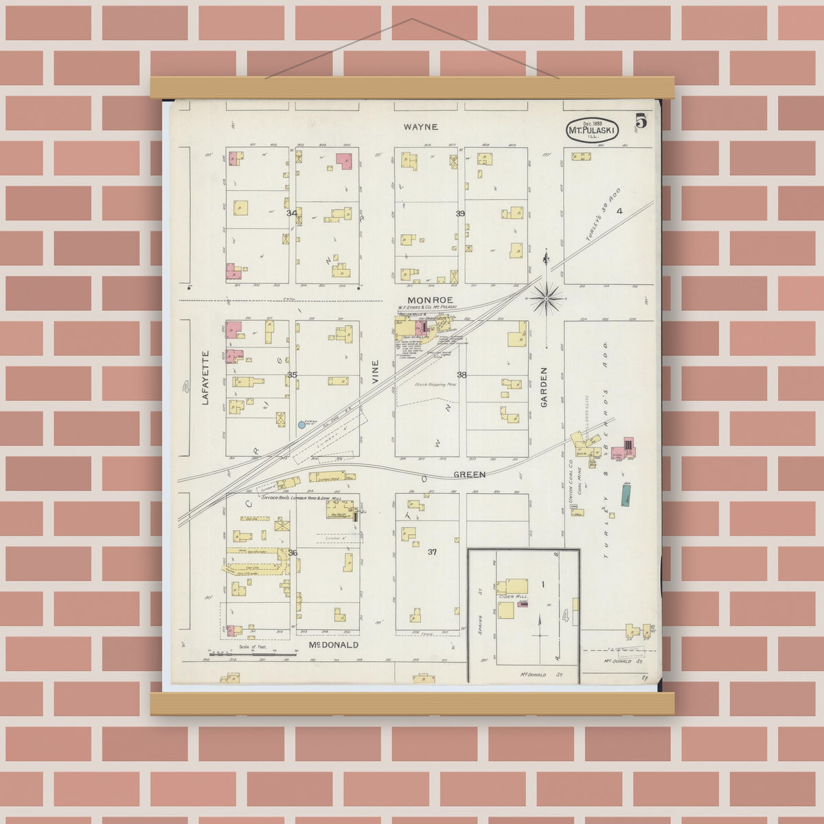 Old map wall art mockup — magnetic wood frame on brick wall — Sanborn Fire Insurance Map from Mount Pulaski, Logan County, Illinois (1893), Sheet #0005